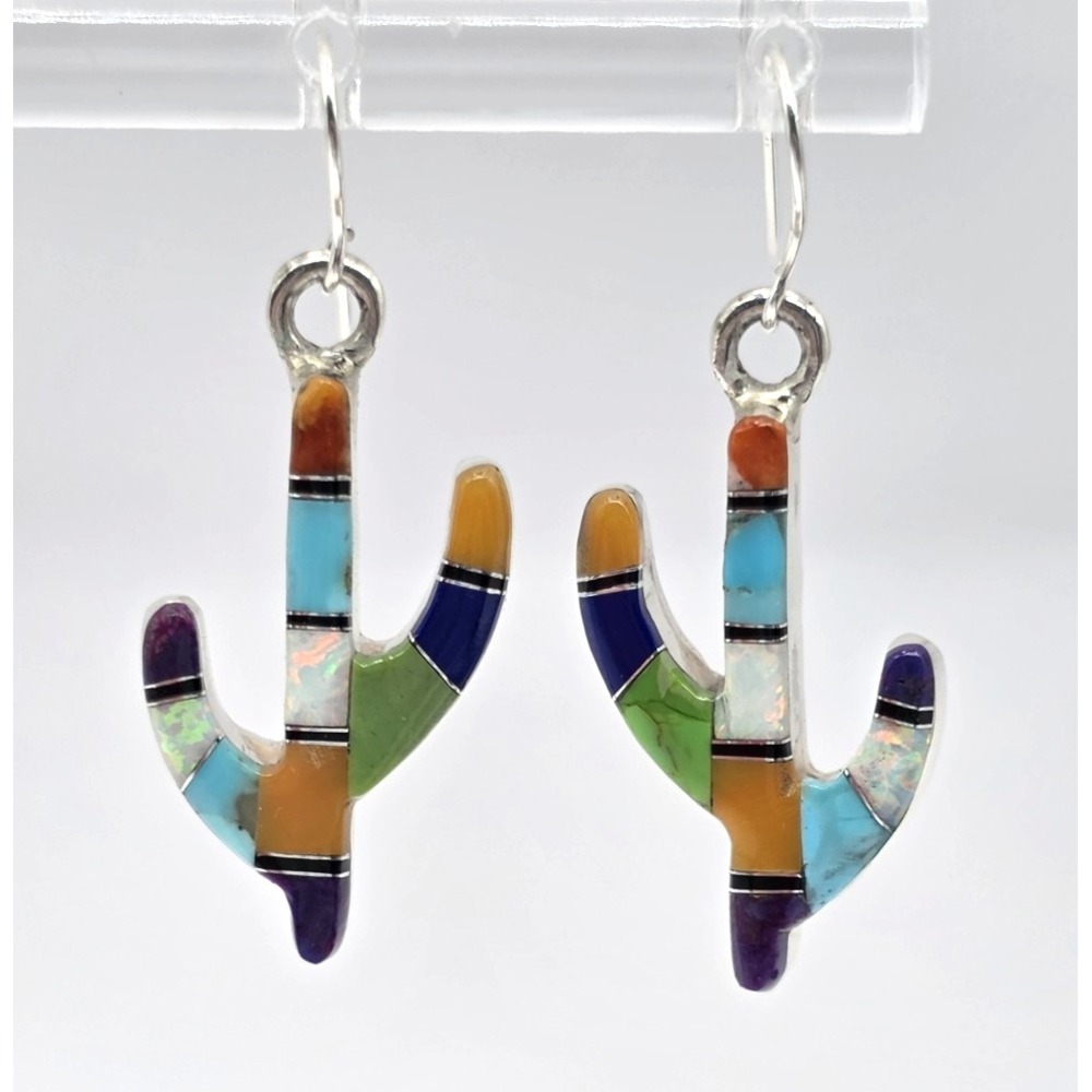 Multi-Gemstone Cacti Earrings Sterling Silver Inlays 0.94" Handmade Signed NEW - Picture 1 of 13
